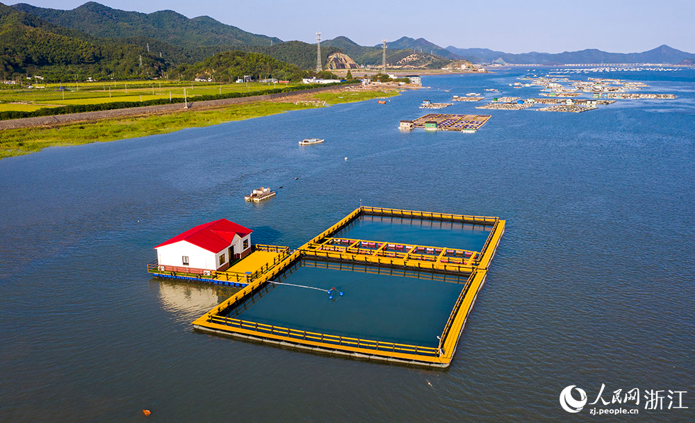 一方方橙黃色的養殖設施有序排列在蔚藍的海面上，成為斑斕海岸線一道亮麗的風景。人民網 章勇濤攝
