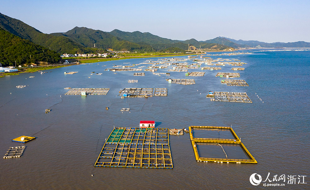 一方方橙黃色的養殖設施有序排列在蔚藍的海面上，成為斑斕海岸線一道亮麗的風景。人民網 章勇濤攝