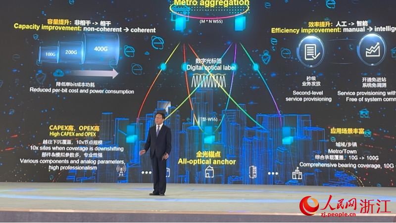 梁寶俊介紹中國聯合網絡通信集團有限公司、華為技術有限公司：全光底座關鍵技術創新與應用項目。人民網 秦銘澤攝
