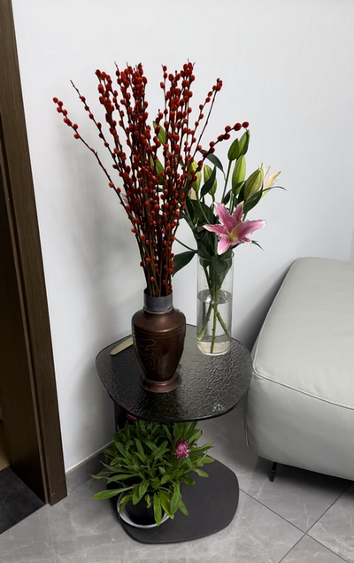 陳阿根買的年宵花，襯得屋內喜氣樣樣。李彩恩攝