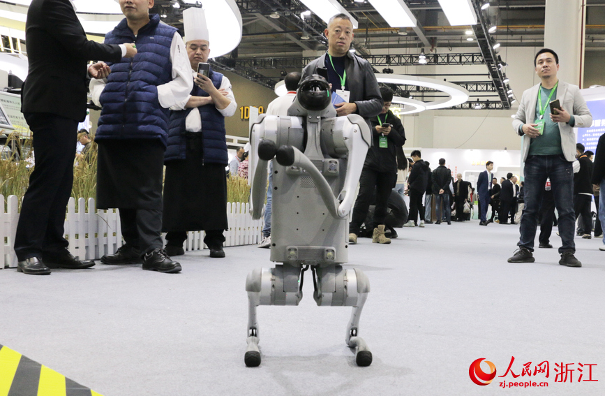 展會現場，能夠載貨爬坡的四足機器狗吸引人們打卡拍照。人民網記者 王麗瑋攝