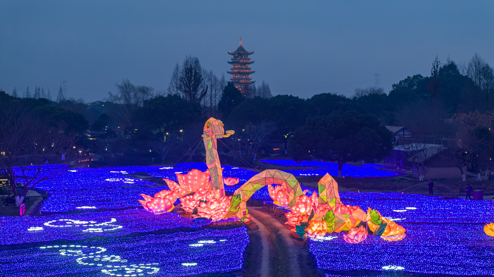 春節期間，烏鎮結合“自貢花燈”非遺，打造了一場水陸空全景式花燈盛宴。烏鎮景區供圖
