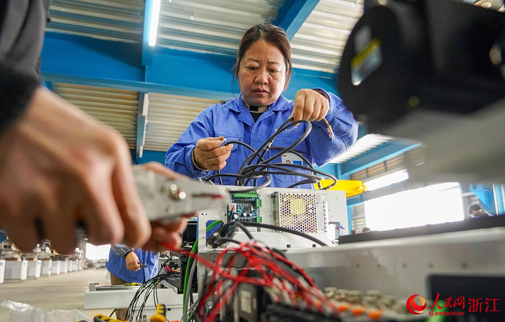 在臺州市黃巖區江口街道一家機械臂生產企業，工人在產線上裝配產品。人民網 章勇濤攝